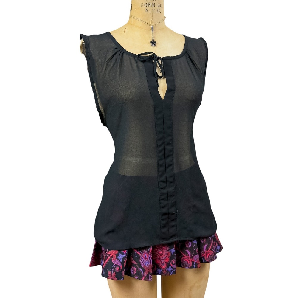 90s Black Sheer Sleeveless Blouse Tie Neck Coquette Dark Romantic Large